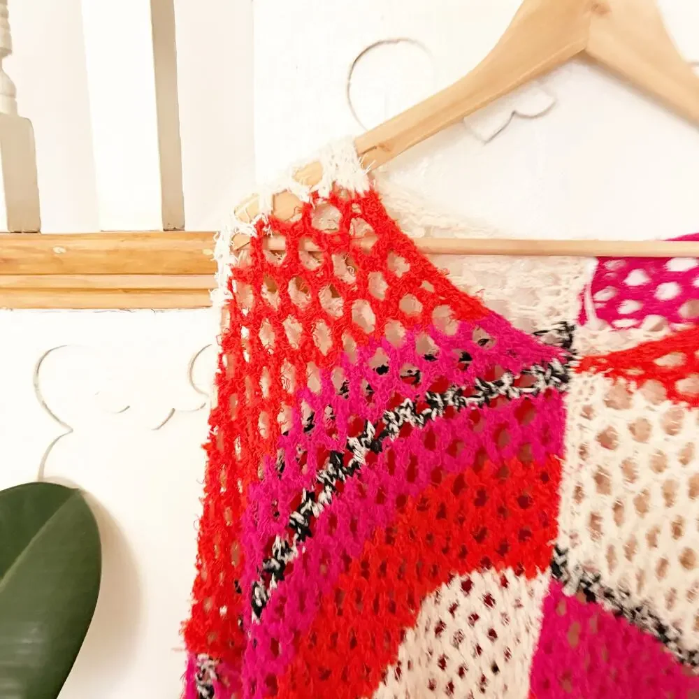 Free People Sail Away Sweater Open Knit Crochet Pullover Pink Red Cream Size S